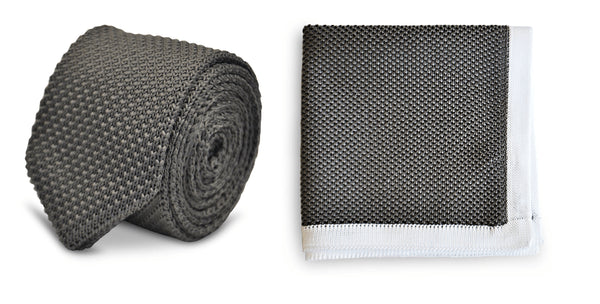 Grey Knitted Tie with Matching Pocket Square